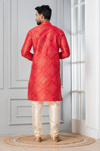 Zavaya Men Red Printed Banarasi Silk Kurta Churidar Set | Grocsy