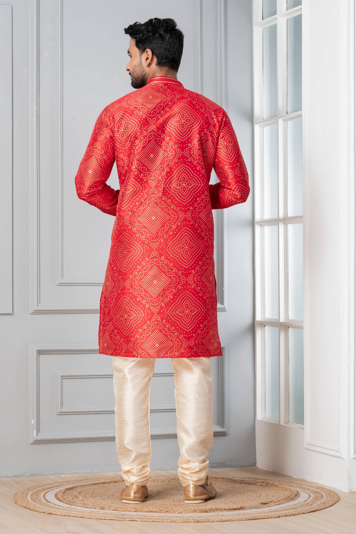 Zavaya Men Red Printed Banarasi Silk Kurta Churidar Set | Grocsy