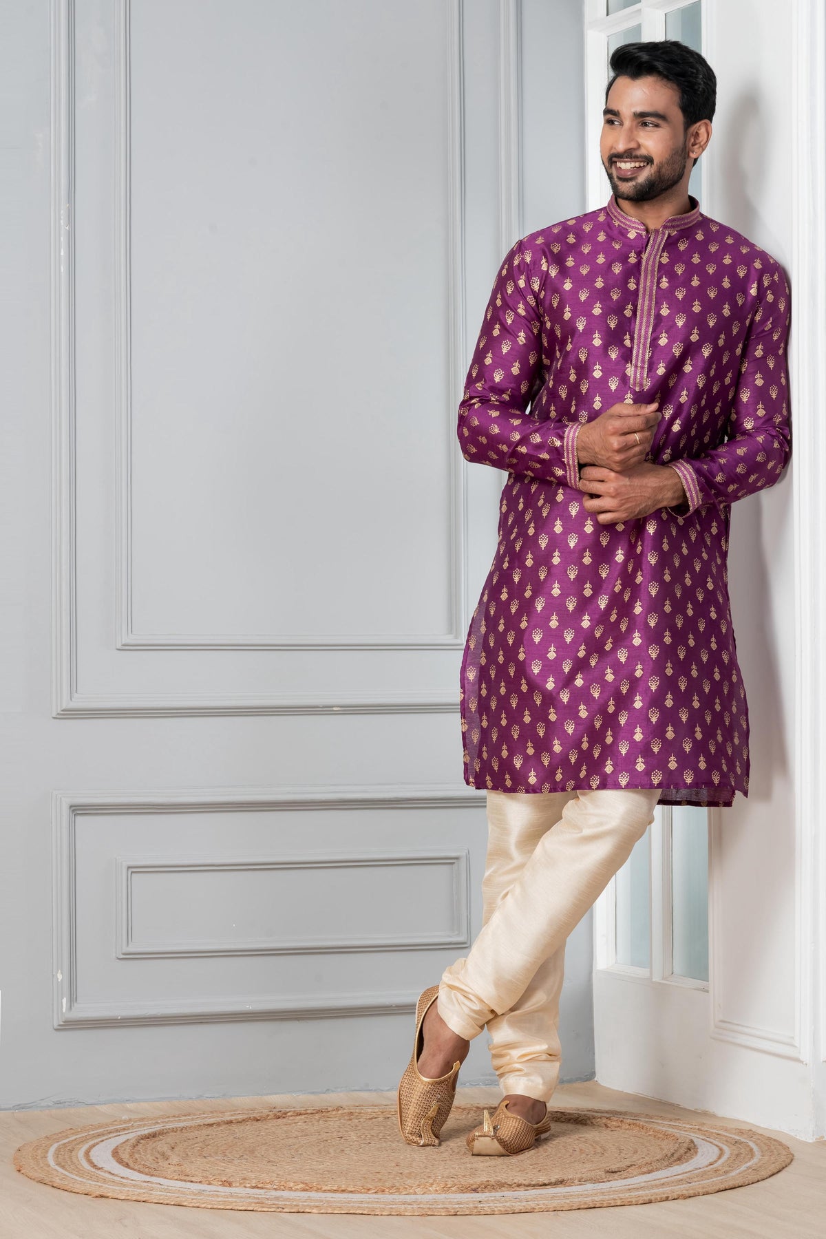 Zavaya Men Purple Printed Banarasi Silk Kurta | Grocsy