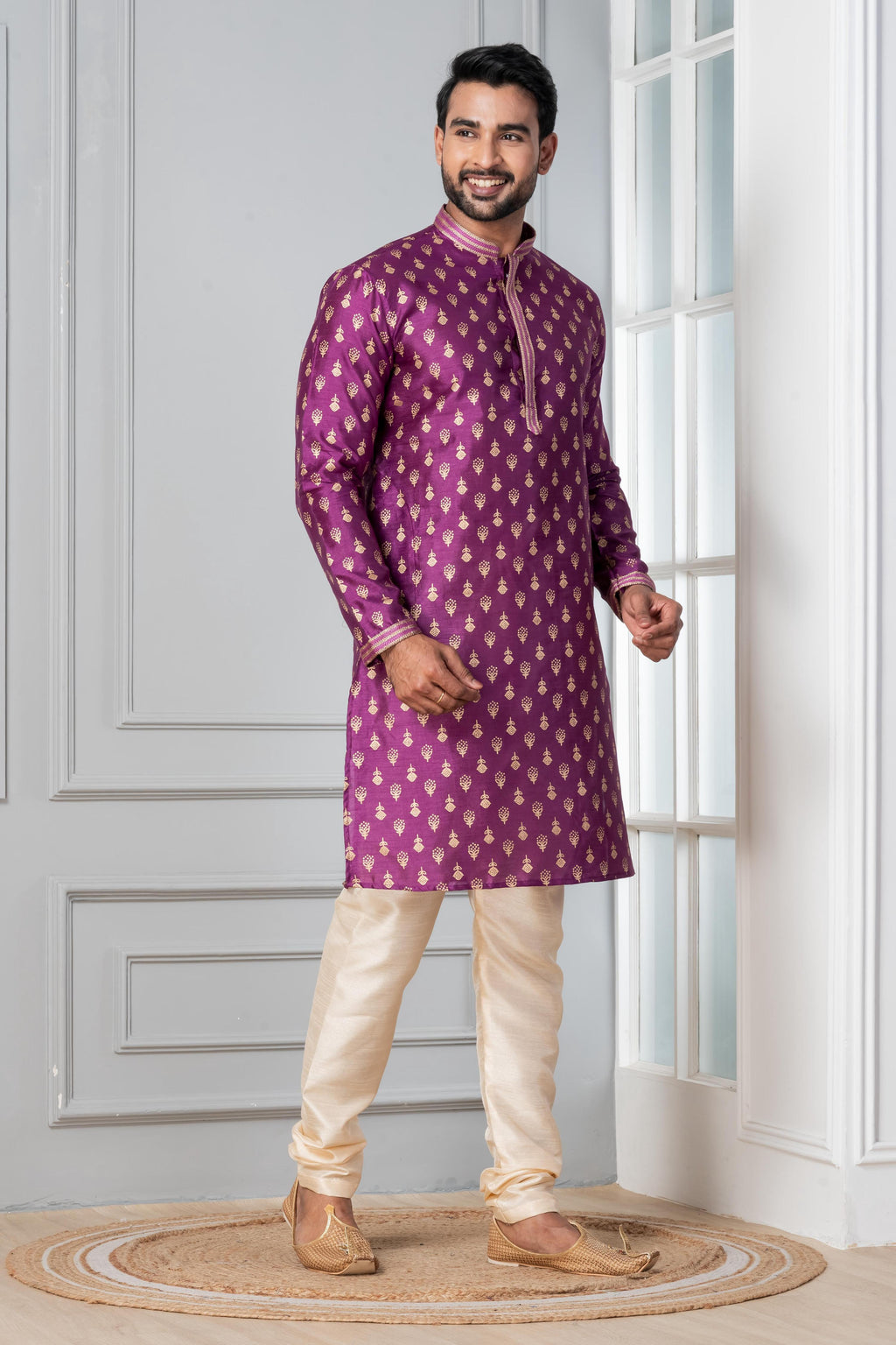 Zavaya Men Purple Printed Banarasi Silk Kurta | Grocsy