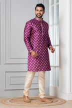 Zavaya Men Purple Printed Banarasi Silk Kurta | Grocsy