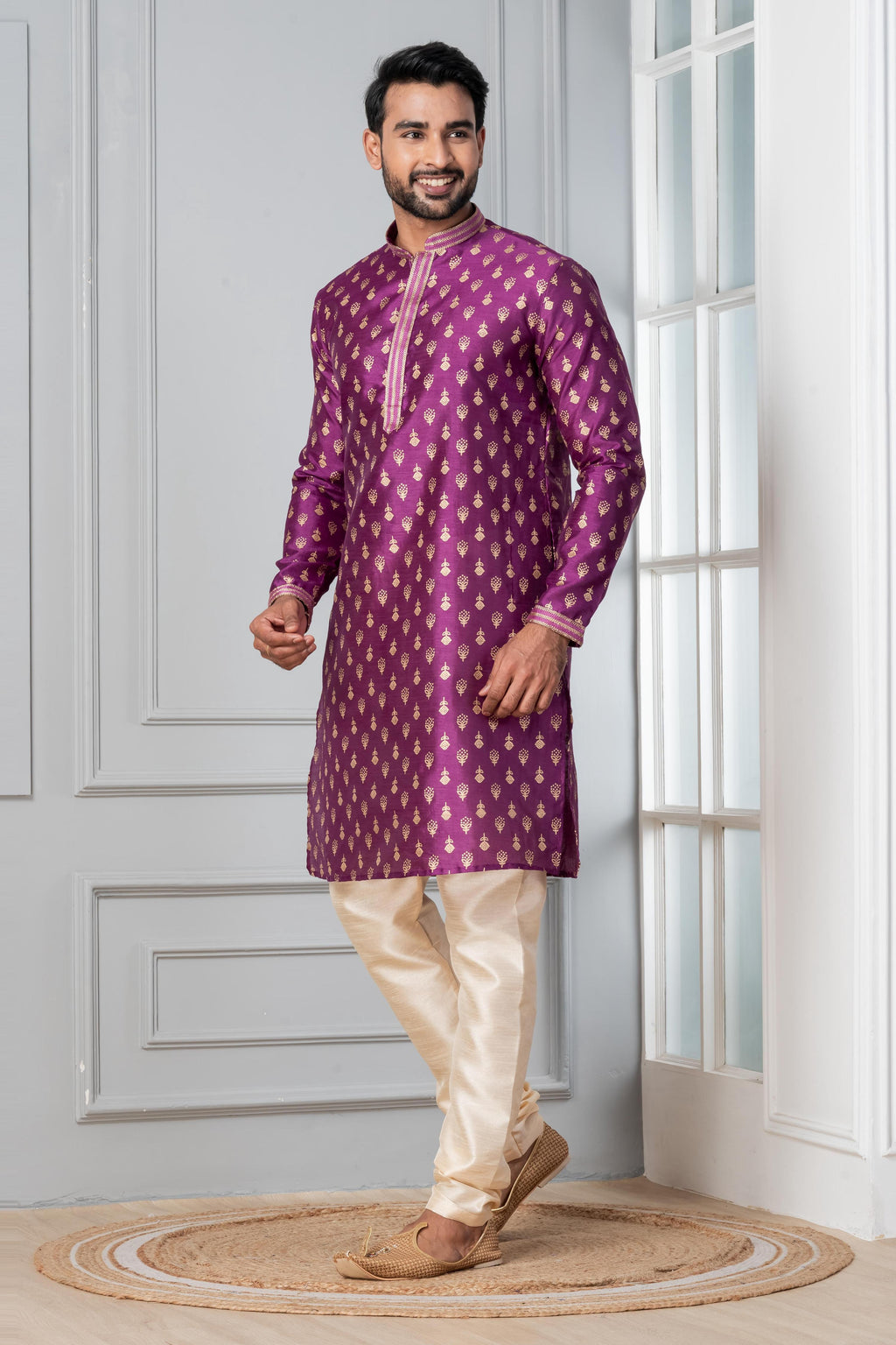 Zavaya Men Purple Printed Banarasi Silk Kurta | Grocsy