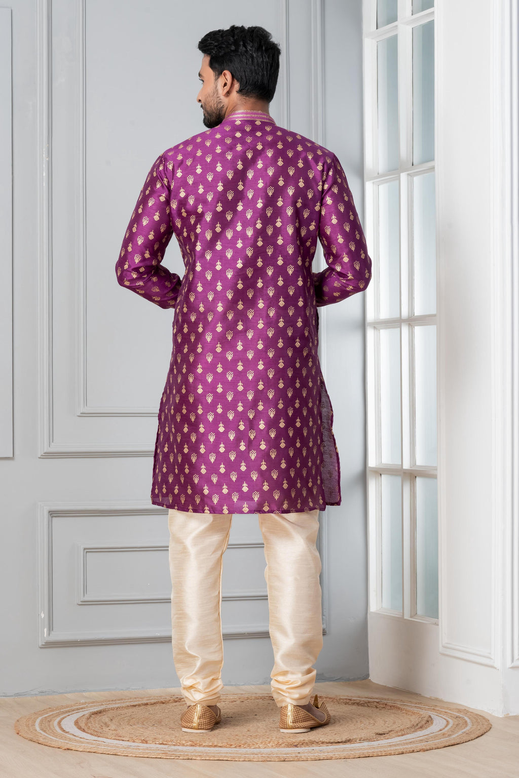 Zavaya Men Purple Printed Banarasi Silk Kurta | Grocsy