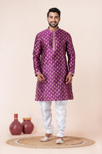 Zavaya Men Purple Printed Banarasi Silk Kurta Churidar Set | Grocsy