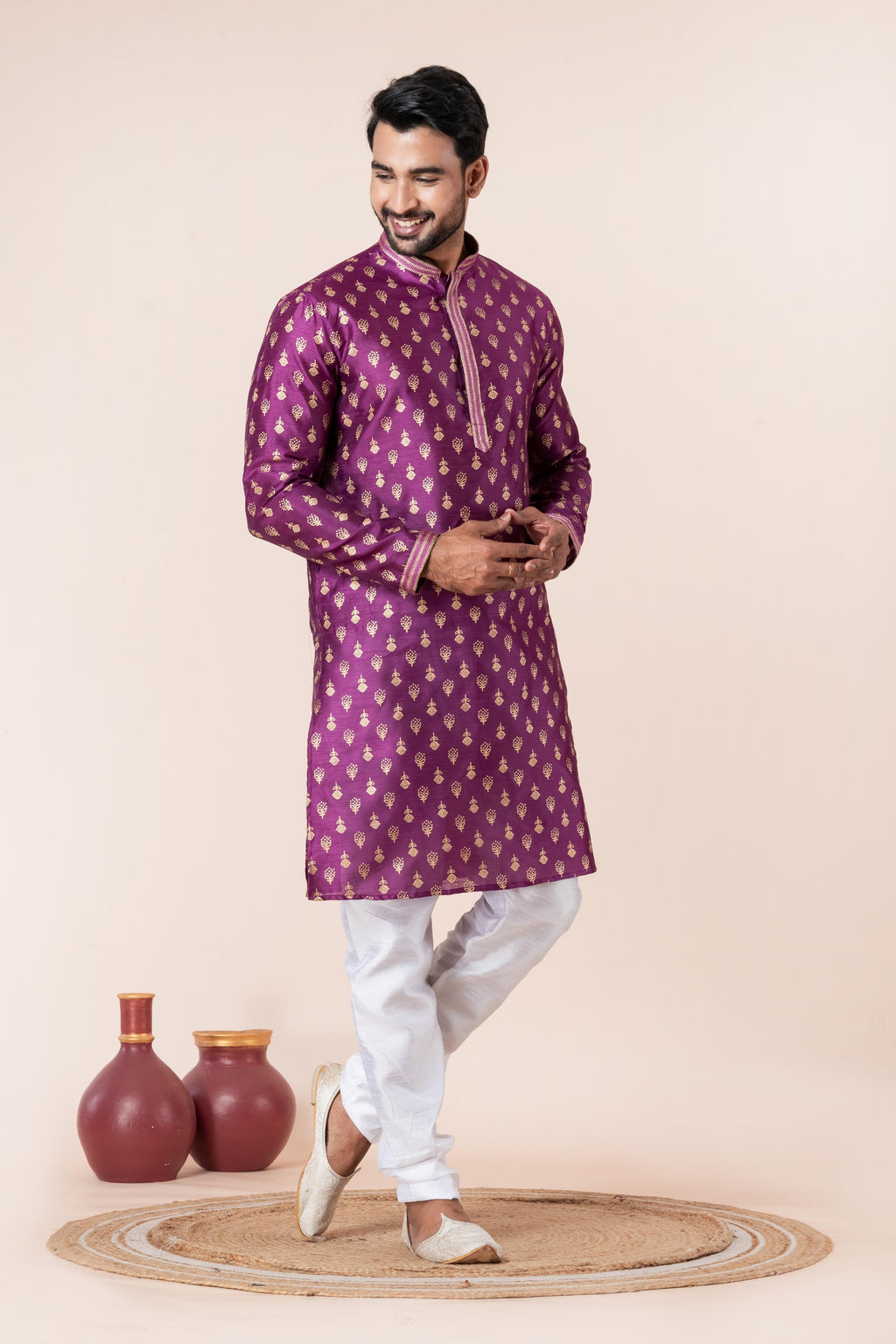 Zavaya Men Purple Printed Banarasi Silk Kurta Churidar Set | Grocsy