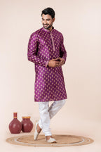 Zavaya Men Purple Printed Banarasi Silk Kurta Churidar Set | Grocsy