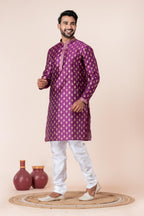 Zavaya Men Purple Printed Banarasi Silk Kurta Churidar Set | Grocsy