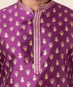 Zavaya Men Purple Printed Banarasi Silk Kurta Churidar Set | Grocsy