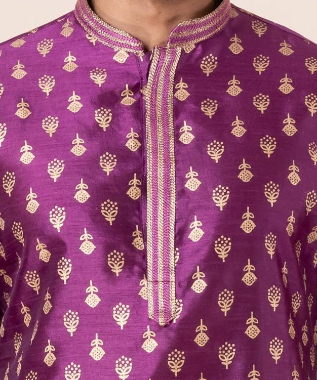 Zavaya Men Purple Printed Banarasi Silk Kurta Churidar Set | Grocsy