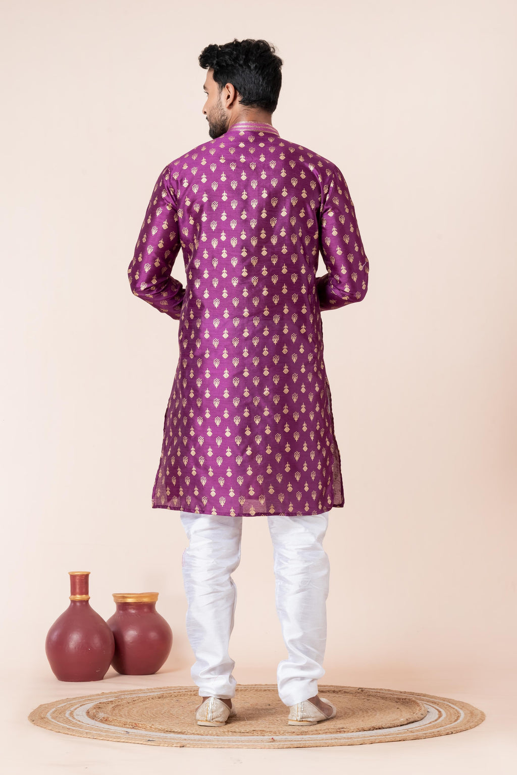 Zavaya Men Purple Printed Banarasi Silk Kurta Churidar Set | Grocsy