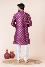 Zavaya Men Purple Printed Banarasi Silk Kurta Churidar Set | Grocsy