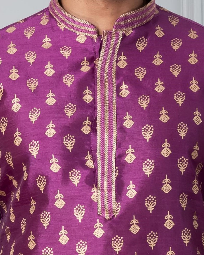 Zavaya Men Purple Printed Banarasi Silk Kurta Churidar Set | Grocsy