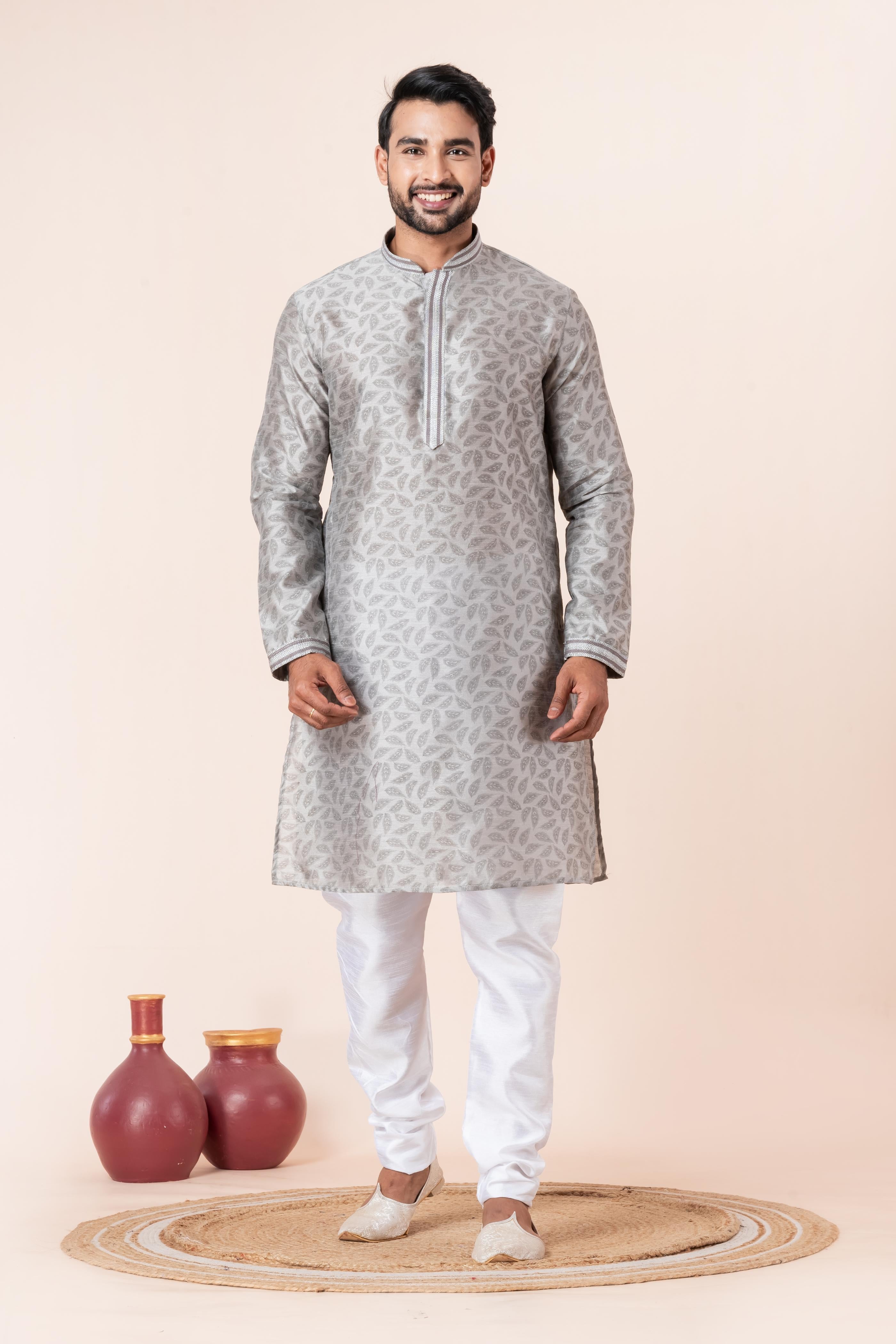 Zavaya Men Grey Printed Banarasi Silk Kurta | Grocsy