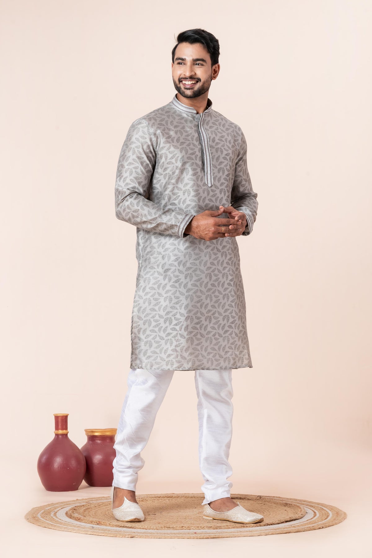 Zavaya Men Grey Printed Banarasi Silk Kurta | Grocsy