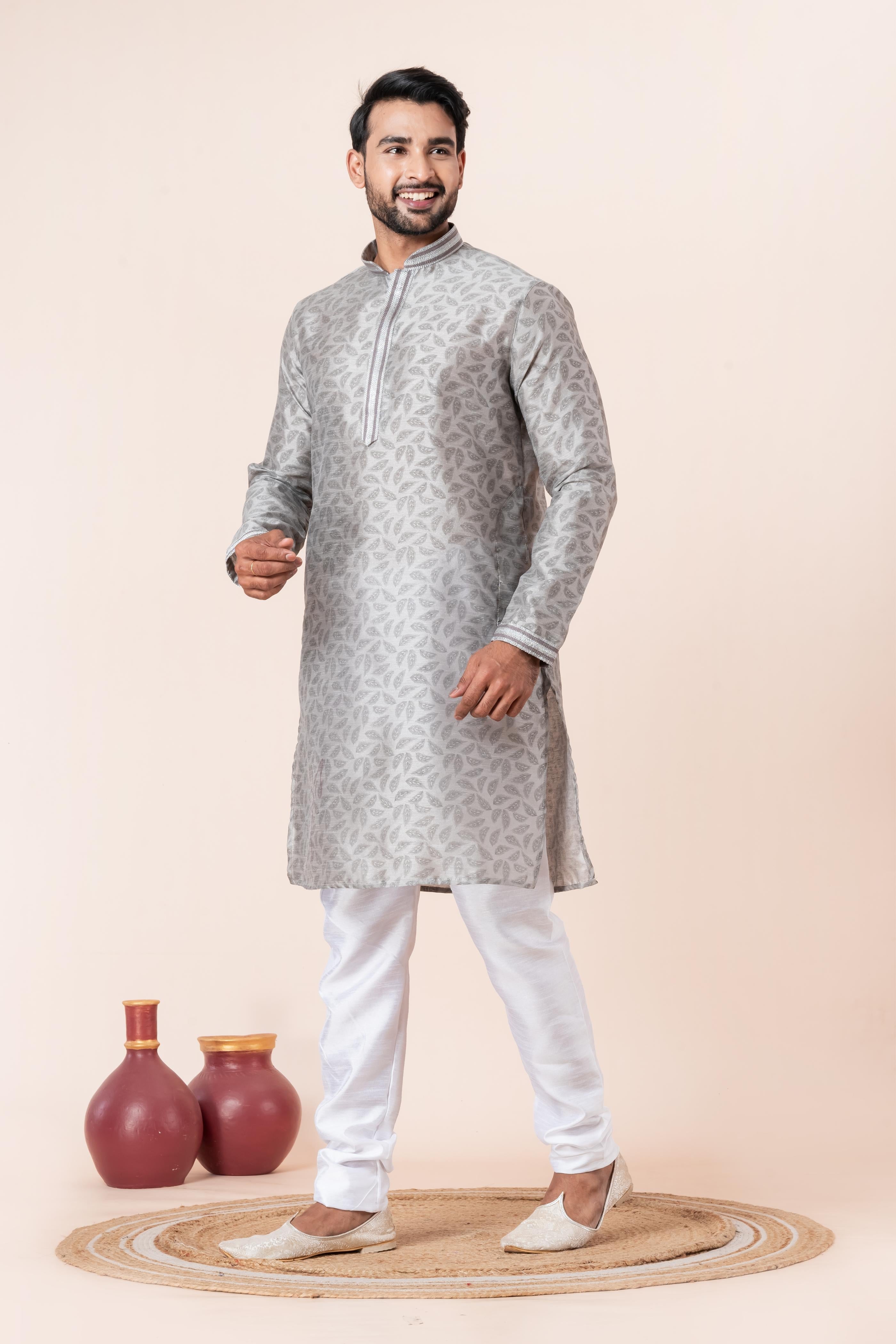 Zavaya Men Grey Printed Banarasi Silk Kurta | Grocsy