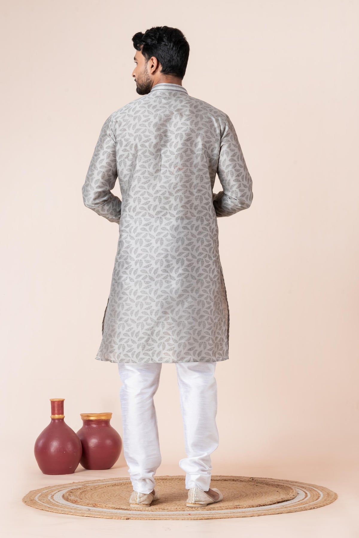 Zavaya Men Grey Printed Banarasi Silk Kurta | Grocsy
