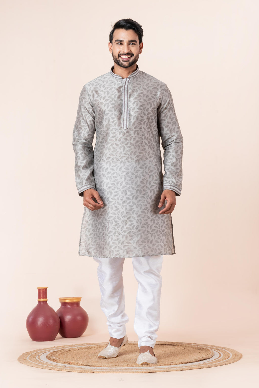 Zavaya Men Grey Printed Banarasi Silk Kurta Churidar Set | Grocsy
