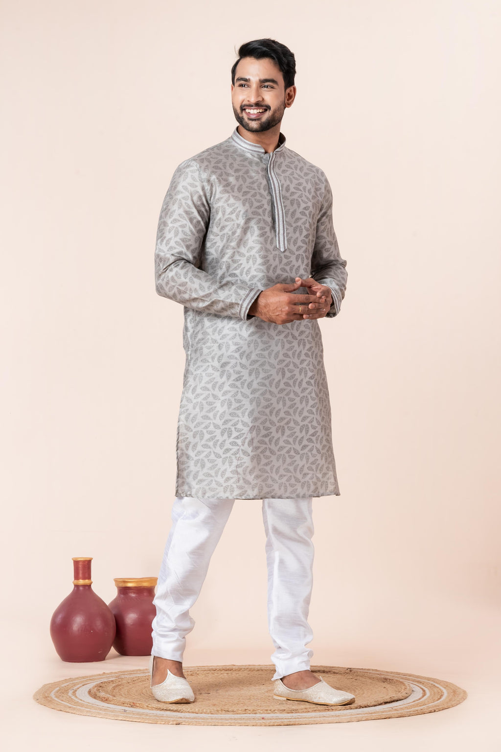 Zavaya Men Grey Printed Banarasi Silk Kurta Churidar Set | Grocsy