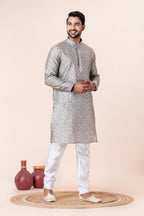 Zavaya Men Grey Printed Banarasi Silk Kurta Churidar Set | Grocsy