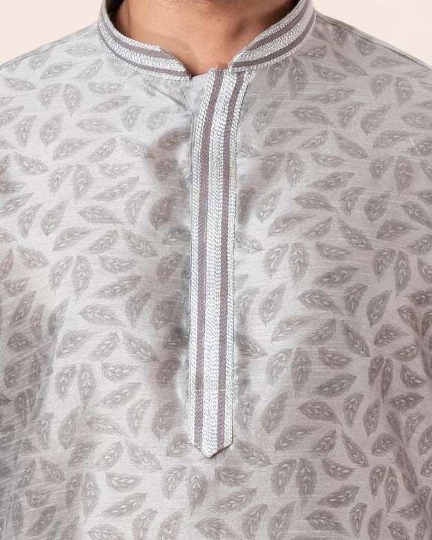 Zavaya Men Grey Printed Banarasi Silk Kurta Churidar Set | Grocsy