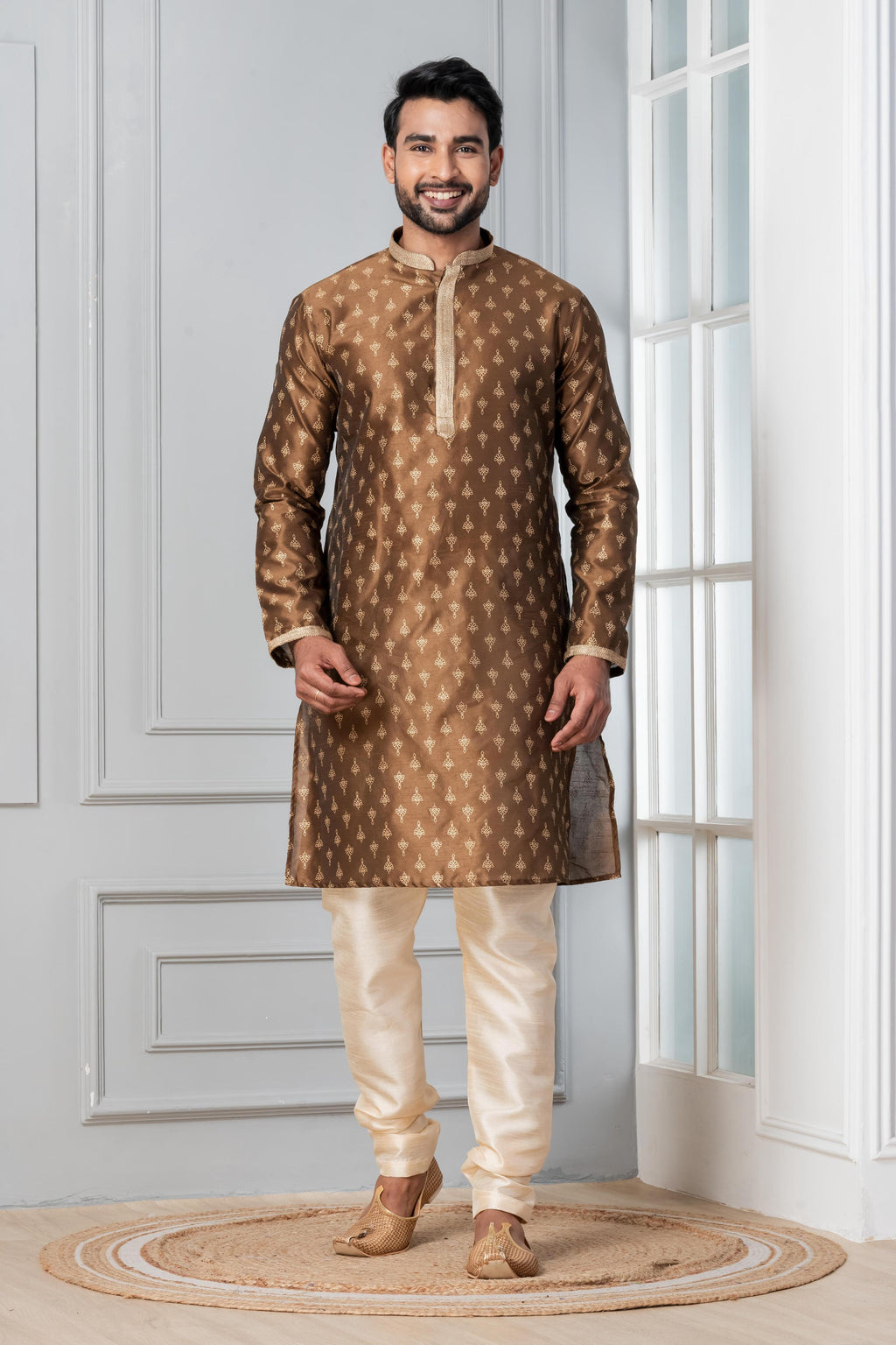 Zavaya Men Brown Printed Banarasi Silk Kurta | Grocsy
