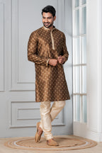 Zavaya Men Brown Printed Banarasi Silk Kurta | Grocsy