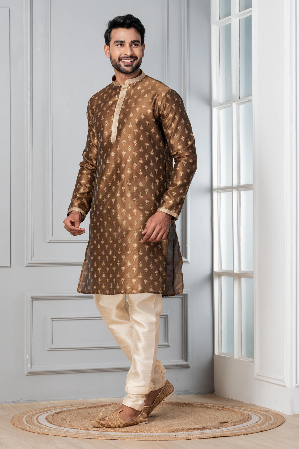 Zavaya Men Brown Printed Banarasi Silk Kurta | Grocsy