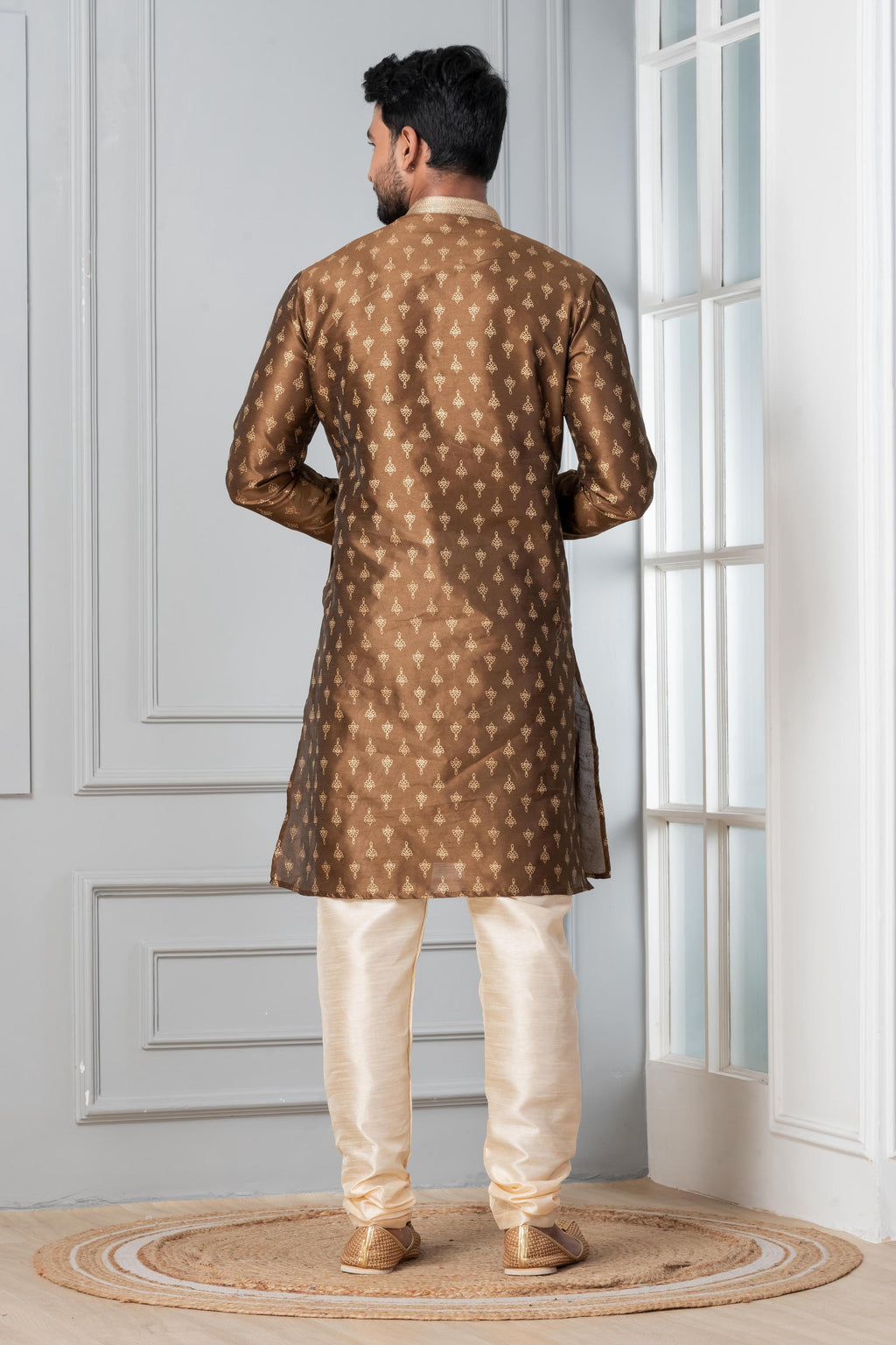 Zavaya Men Brown Printed Banarasi Silk Kurta | Grocsy
