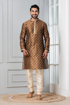 Zavaya Men Brown Printed Banarasi Silk Kurta Churidar Set | Grocsy