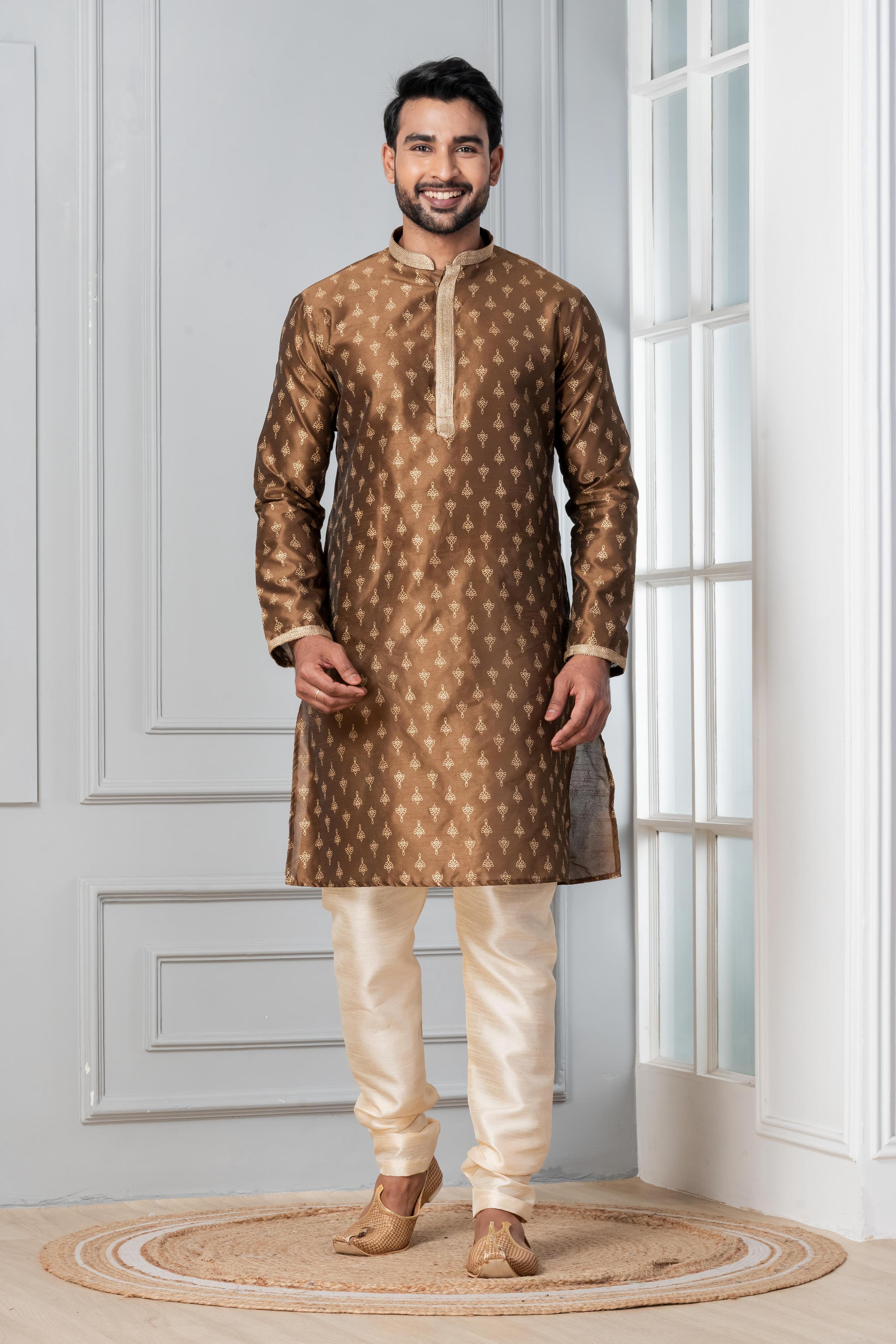 Zavaya Men Brown Printed Banarasi Silk Kurta Churidar Set | Grocsy