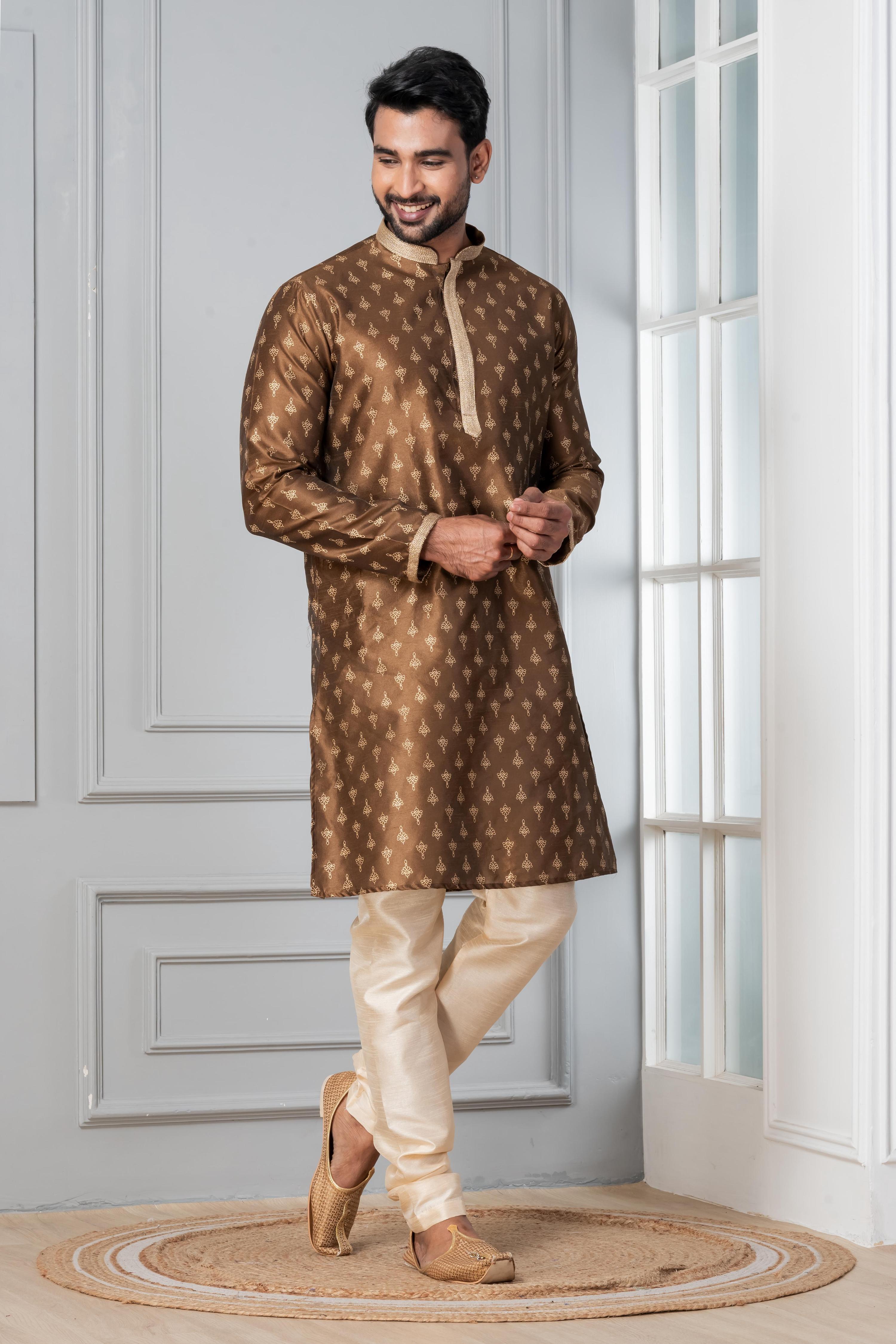 Zavaya Men Brown Printed Banarasi Silk Kurta Churidar Set | Grocsy