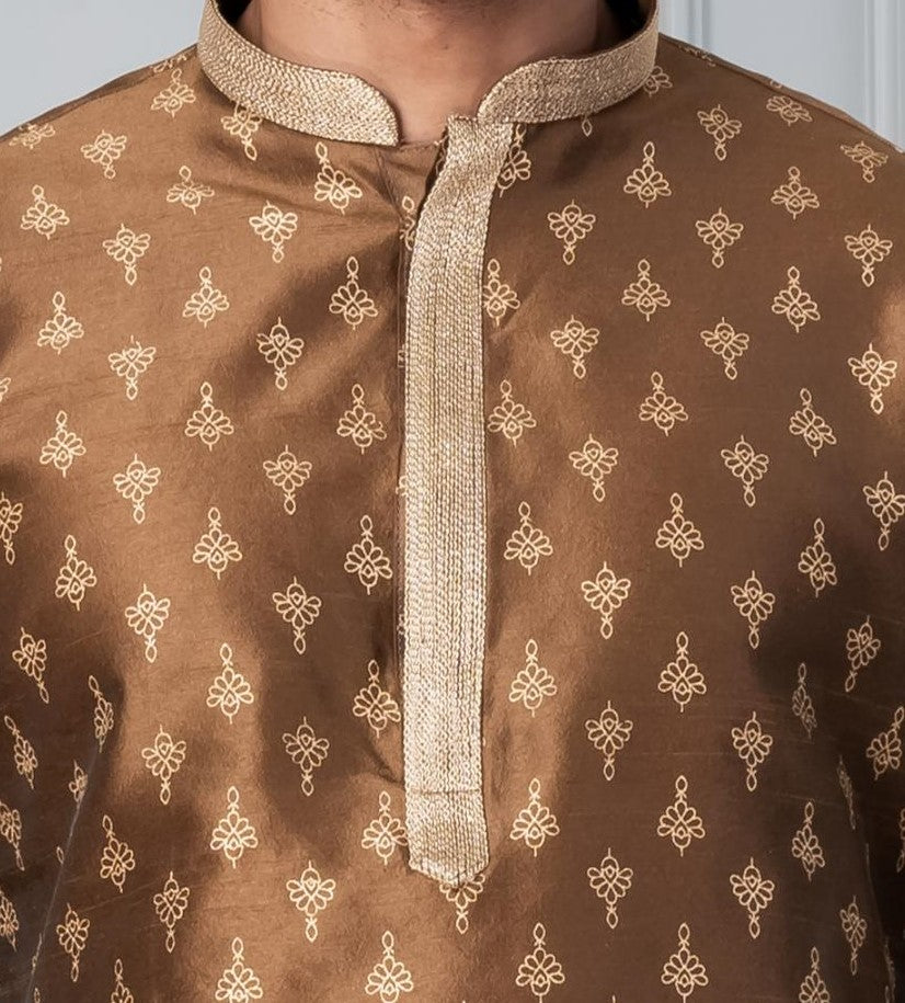 Zavaya Men Brown Printed Banarasi Silk Kurta Churidar Set | Grocsy