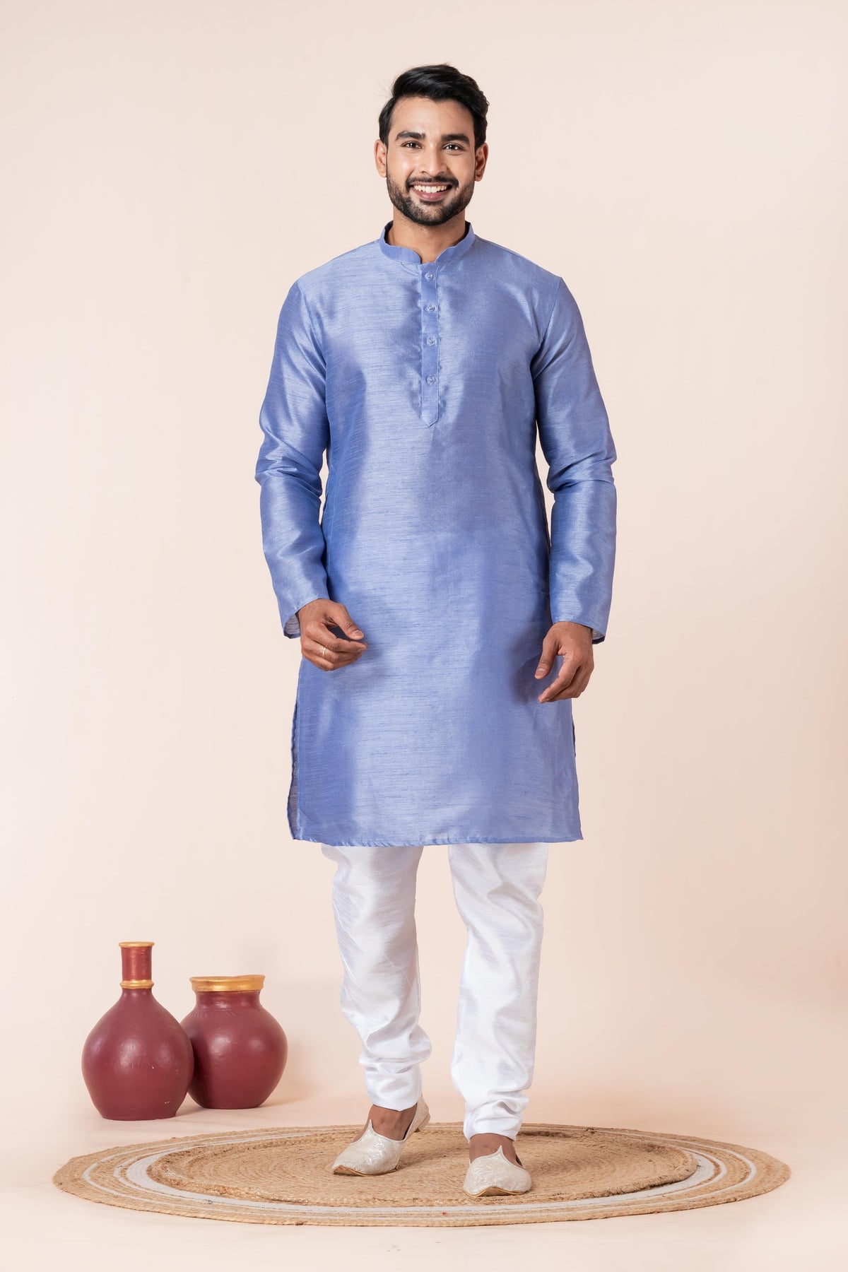 Zavaya Men Sky Blue Solid Banarasi Silk Kurta | Grocsy