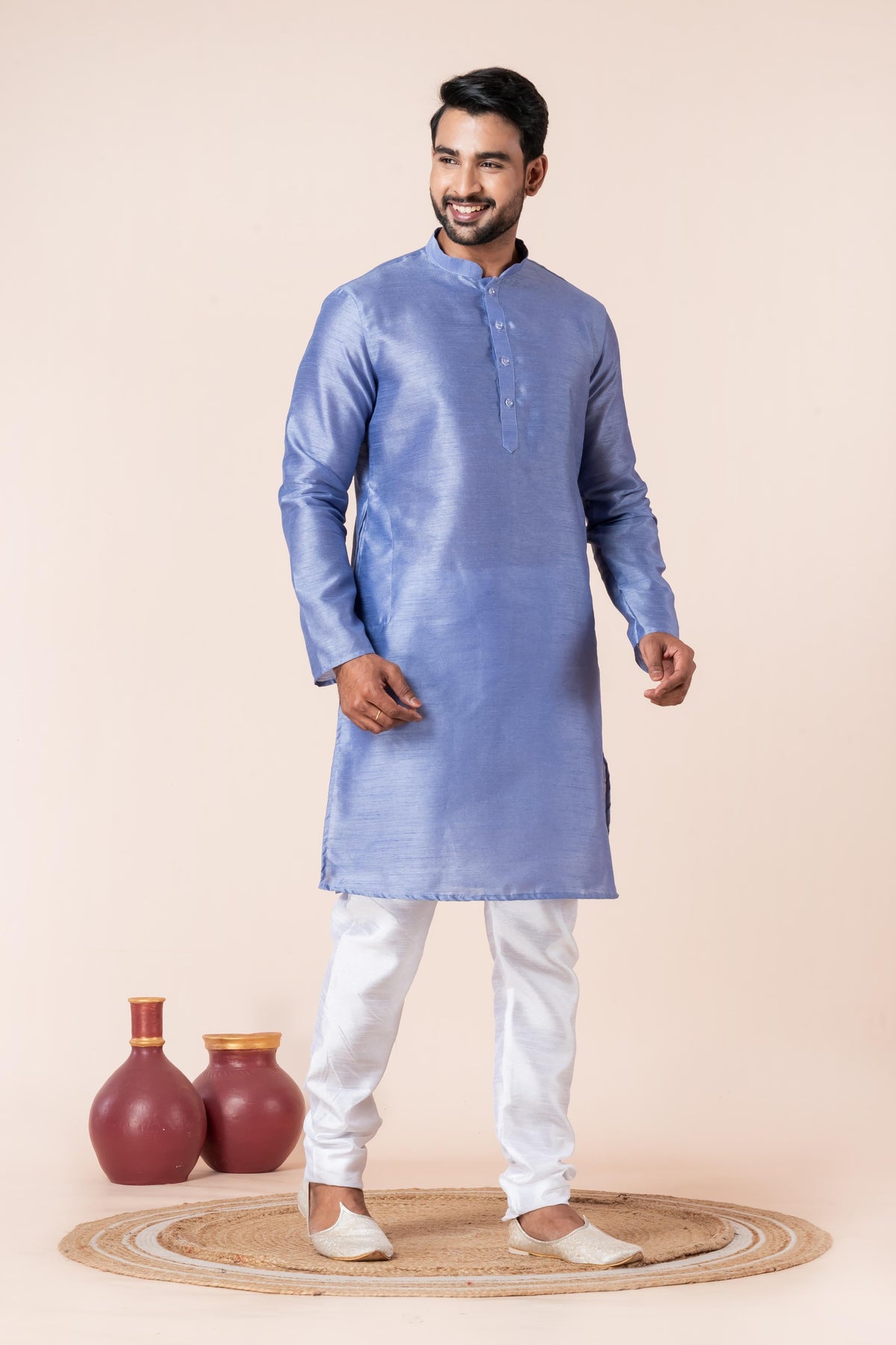 Zavaya Men Sky Blue Solid Banarasi Silk Kurta | Grocsy
