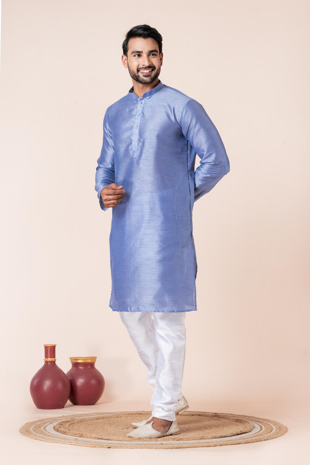 Zavaya Men Sky Blue Solid Banarasi Silk Kurta | Grocsy