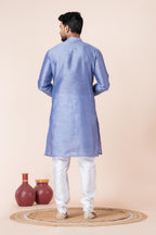 Zavaya Men Sky Blue Solid Banarasi Silk Kurta | Grocsy