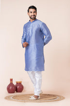 Zavaya Men Sky Blue Solid Banarasi Silk Kurta Churidar Set | Grocsy