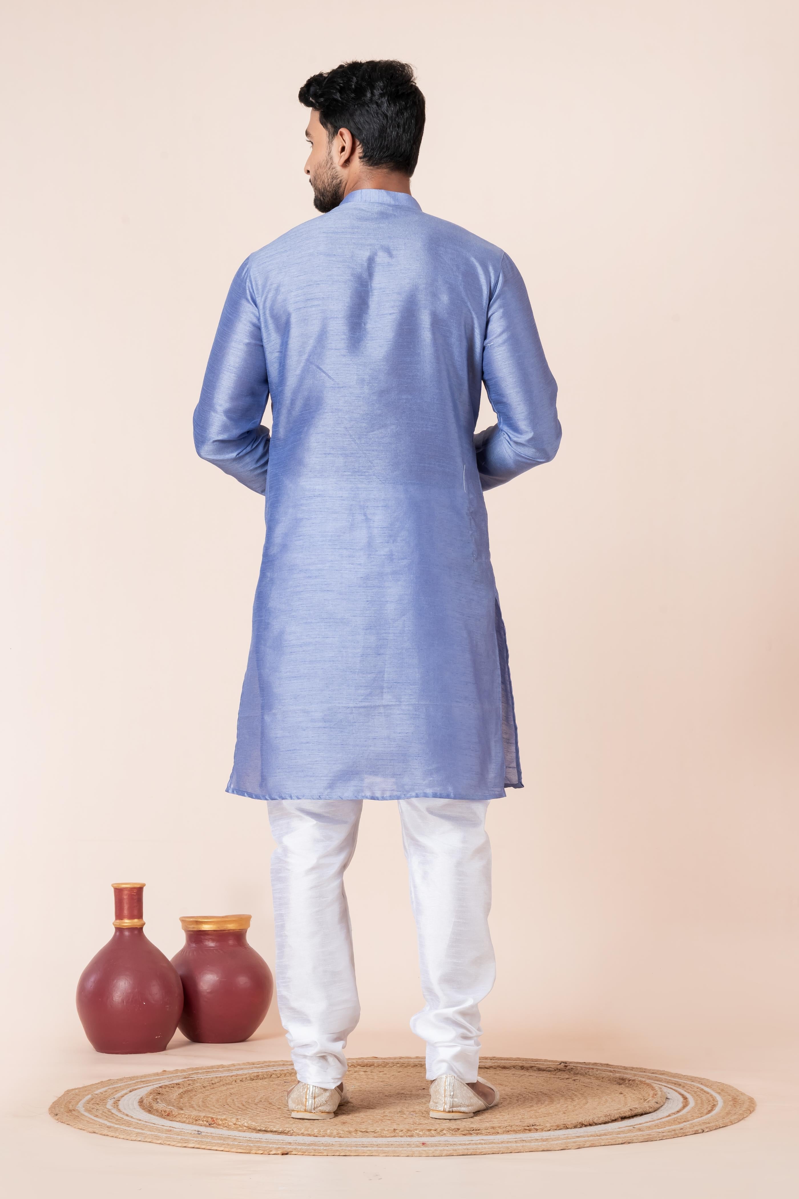 Zavaya Men Sky Blue Solid Banarasi Silk Kurta Churidar Set | Grocsy