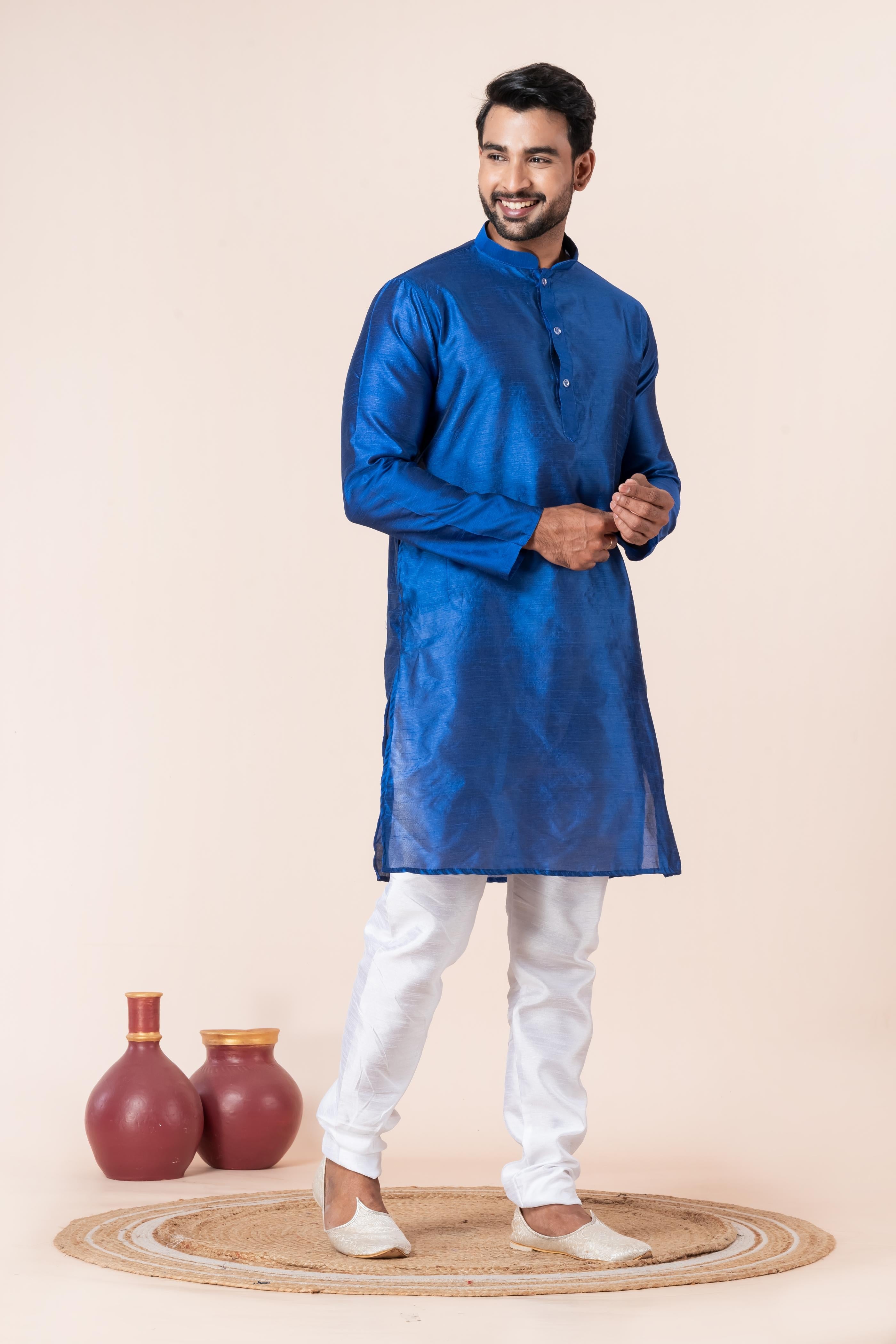 Zavaya Men Blue Solid Banarasi Silk Kurta | Grocsy