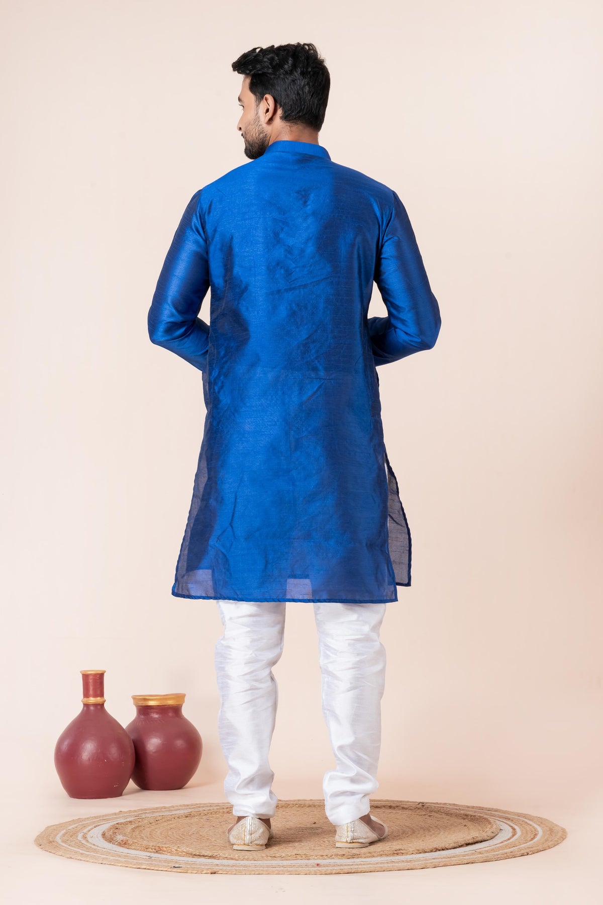 Zavaya Men Blue Solid Banarasi Silk Kurta | Grocsy
