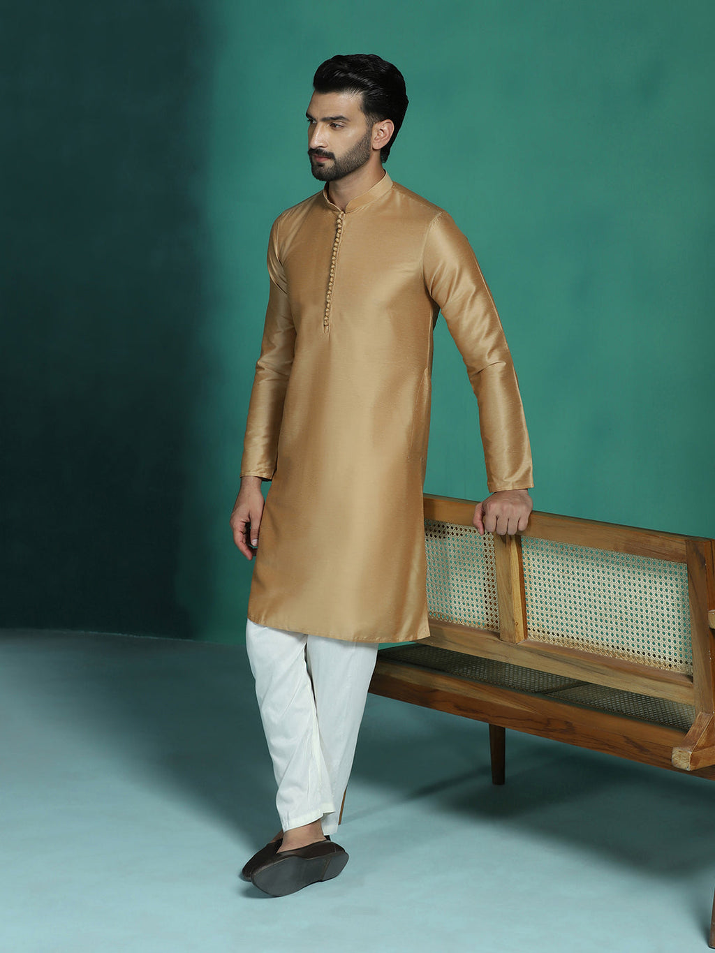 Zavaya Beige Plain Polyester Viscose Kurta Pyjama Set for Men | Grocsy