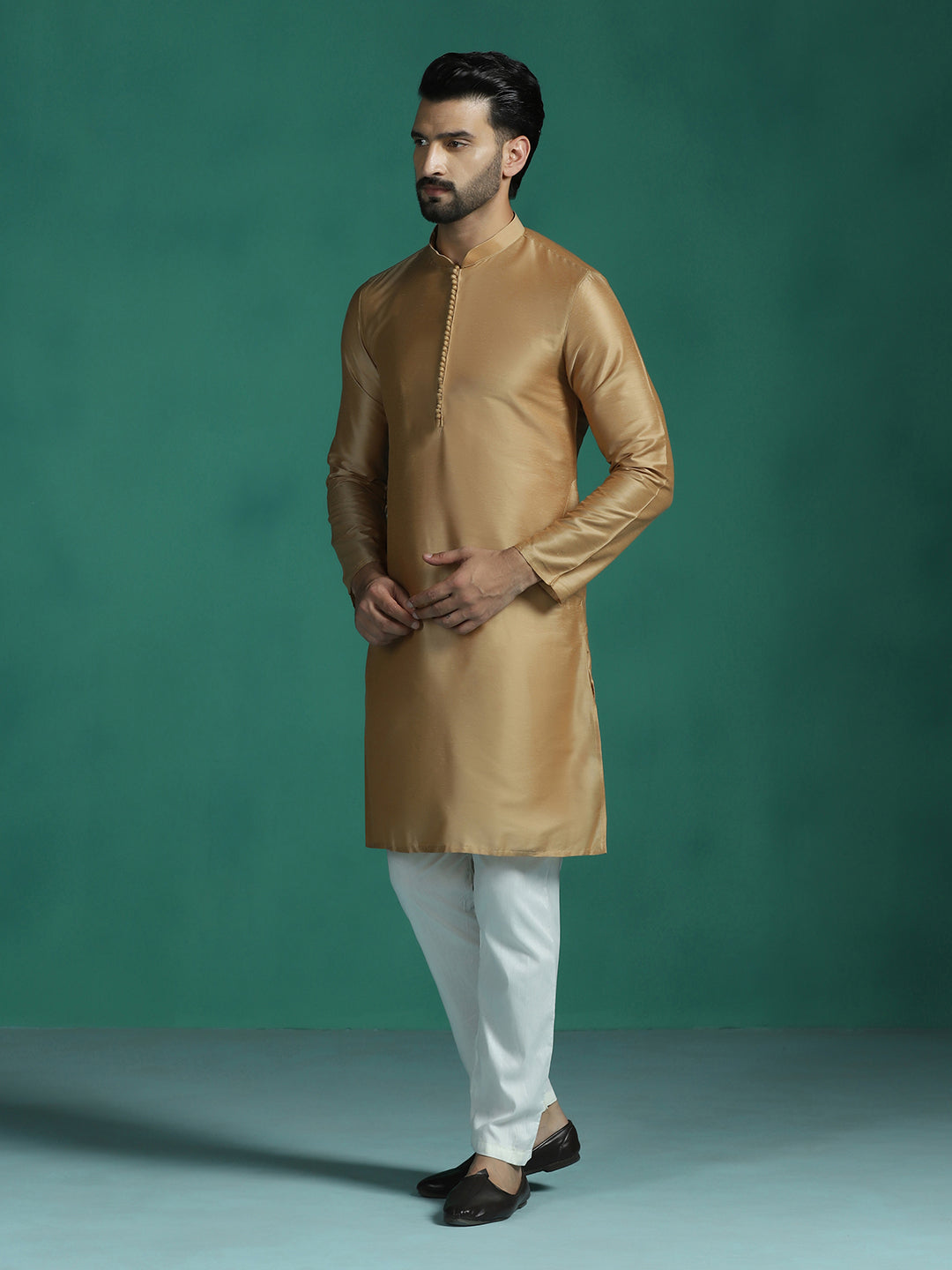 Zavaya Beige Plain Polyester Viscose Kurta Pyjama Set for Men | Grocsy