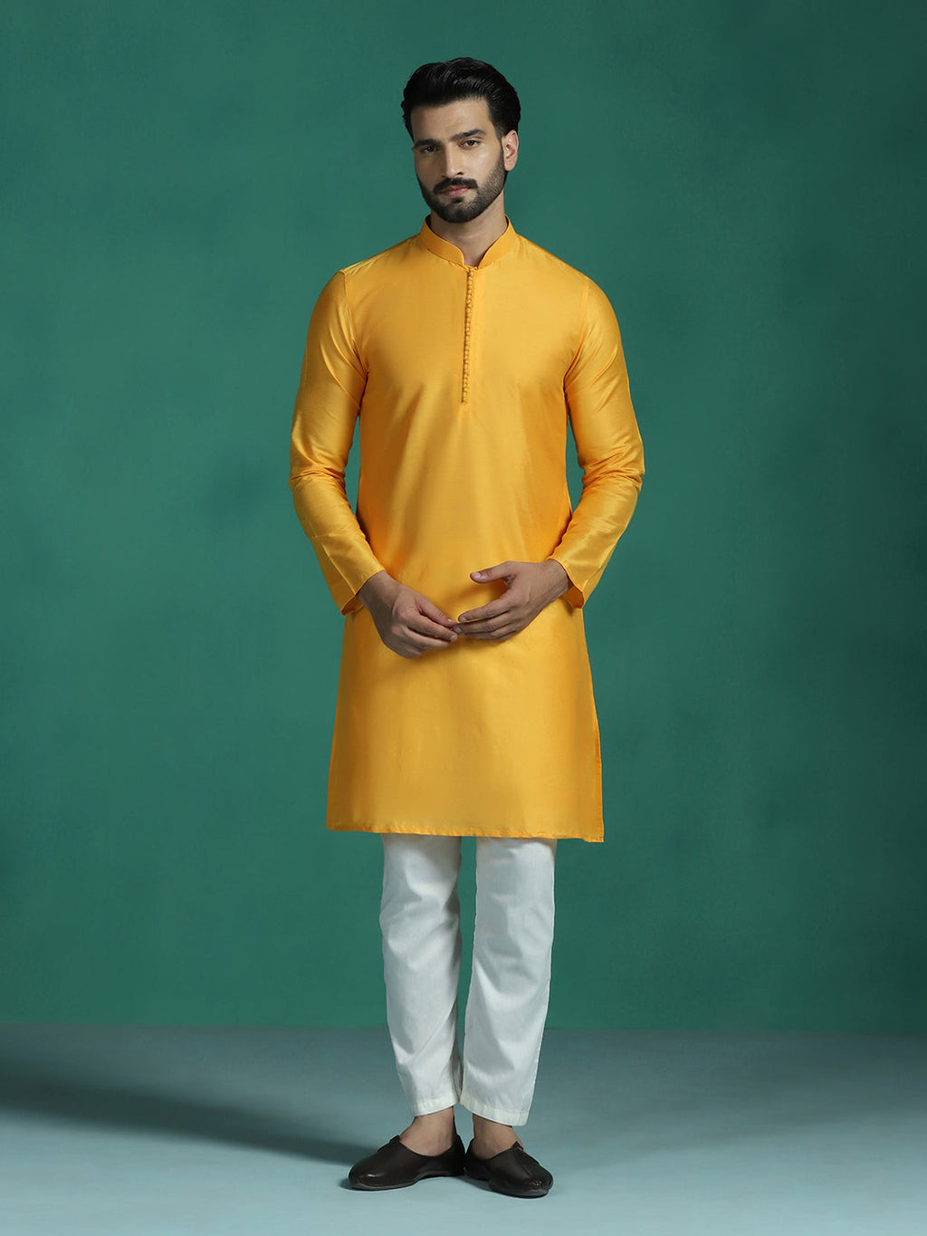 Zavaya Yellow Plain Polyester Viscose Kurta Pyjama Set for Men | Grocsy