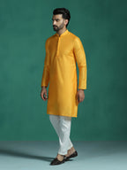 Zavaya Yellow Plain Polyester Viscose Kurta Pyjama Set for Men | Grocsy