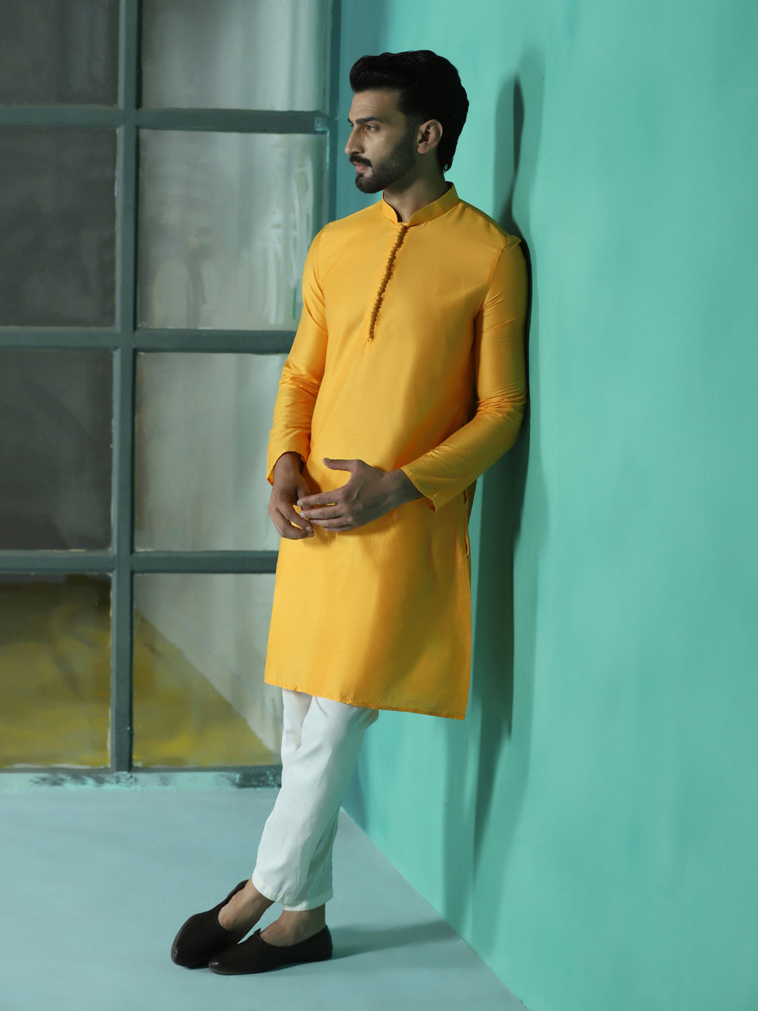Zavaya Yellow Plain Polyester Viscose Kurta Pyjama Set for Men | Grocsy