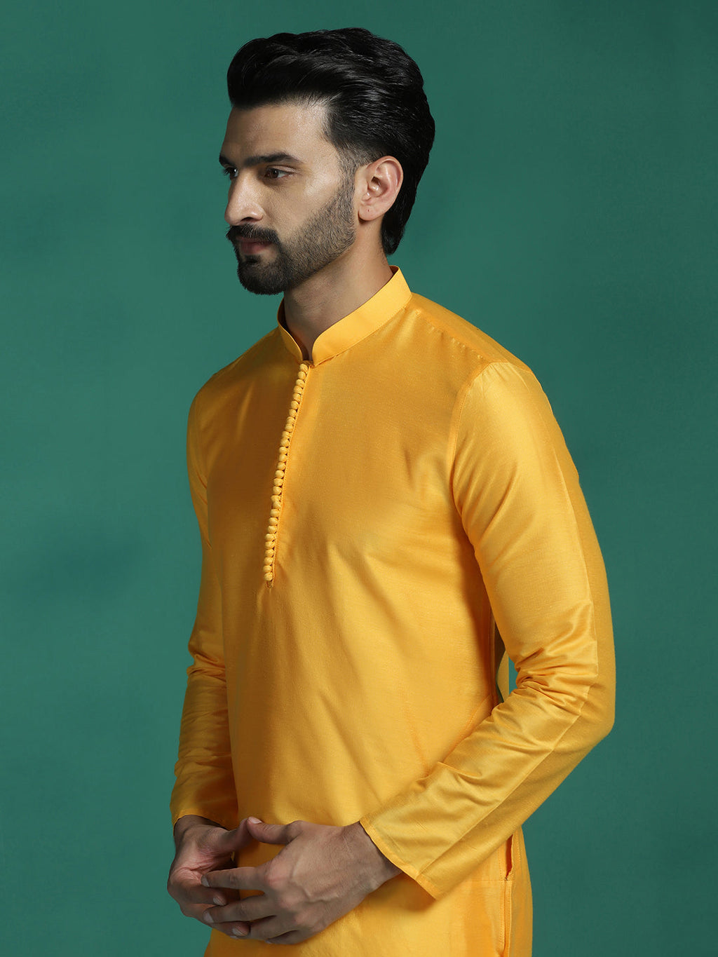 Zavaya Yellow Plain Polyester Viscose Kurta Pyjama Set for Men | Grocsy