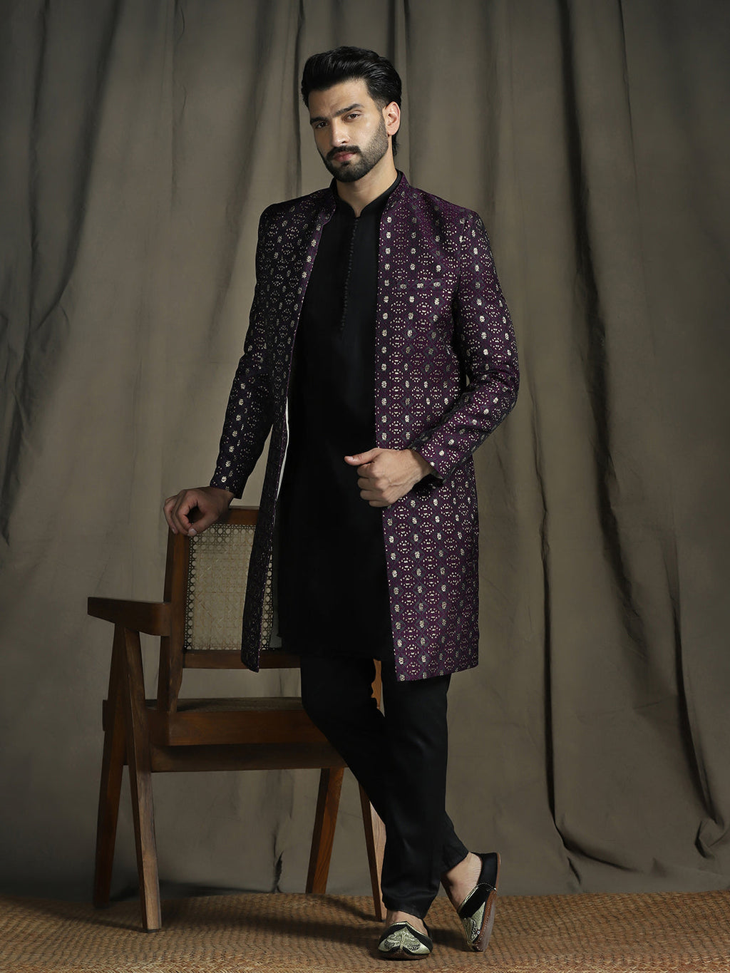 Zavaya Purple Embroidery Jacquard Kurta Sherwani Pyjama Set for Men | Grocsy