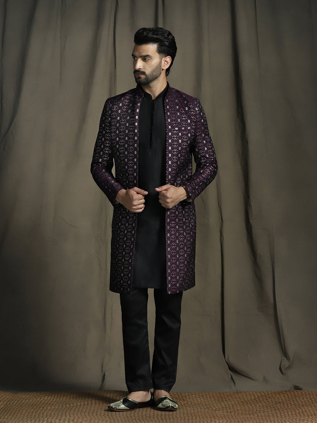 Zavaya Purple Embroidery Jacquard Kurta Sherwani Pyjama Set for Men | Grocsy