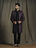 Zavaya Purple Embroidery Jacquard Kurta Sherwani Pyjama Set for Men | Grocsy