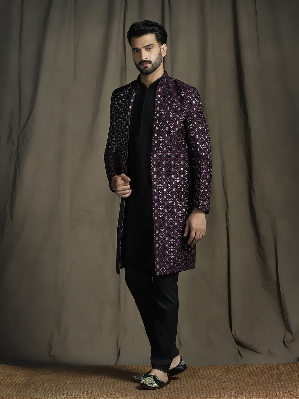 Zavaya Purple Embroidery Jacquard Kurta Sherwani Pyjama Set for Men | Grocsy